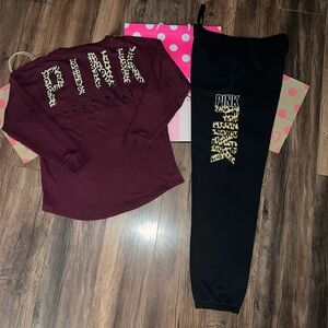 VS PINK Size LARGE RARE HTF Leopard Print Logo Campus Pant & Varsity Crew.
